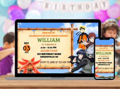 Naruto Themed Birthday Card Invitation - Personalized Ninja Party Card Invite For Kids
