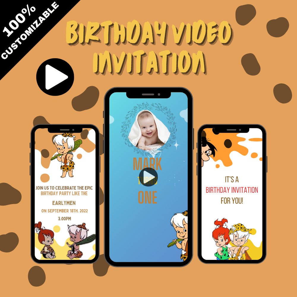 Yabba Dabba Doo Bam Bam Theme Birthday Video Invitation- Animated yabba dabba Video Invite