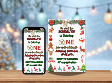 Digital Christmas First Birthday Party Card Invitation - Personalized Christmas Theme Invites