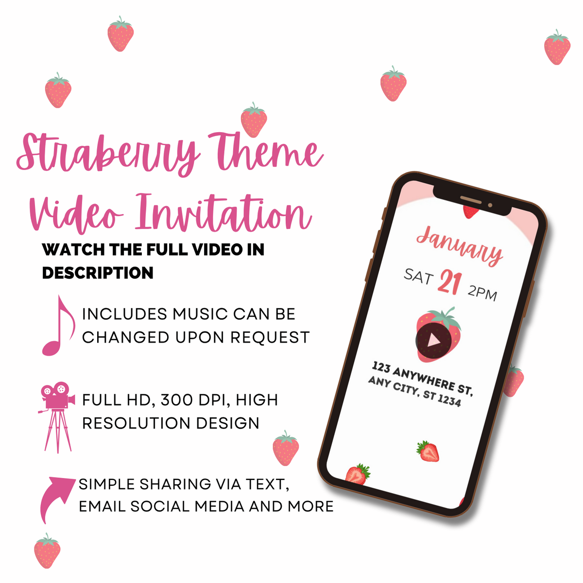 Strawberry Theme Birthday Video Invitation – Sweet &amp; Fun Animated Party Digital Invite for Kids