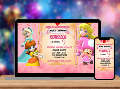 Royal Princess Peach Birthday Card Invitation - Custom Digital Party Card Invitation For Kids
