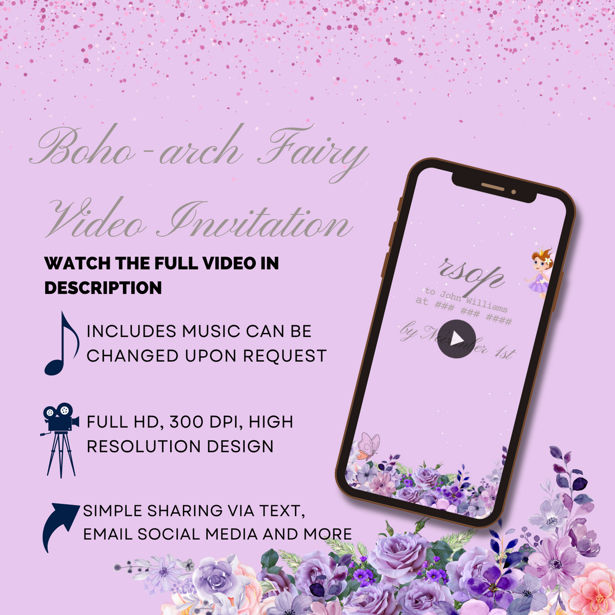 Magical Fairy Birthday Video Invitation - Boho Arch Themed Party Digital Invite for Girls