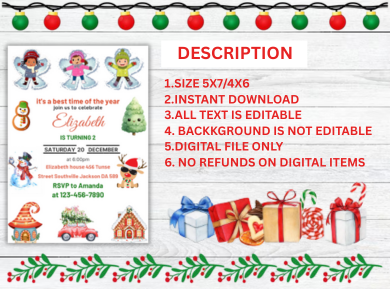 Merry Christmas Kids Party Digital Invitation - Custom Digital Holiday Card invitation