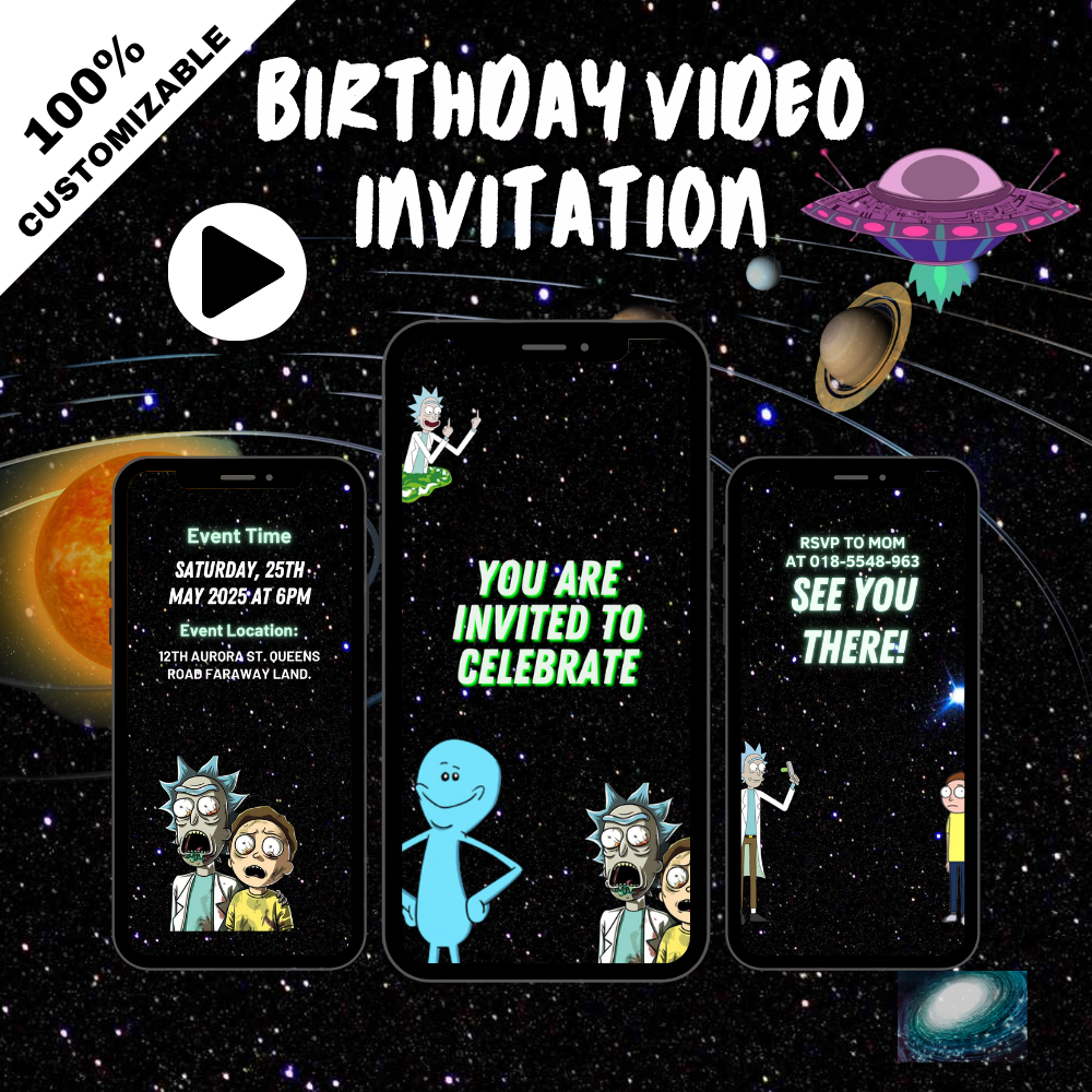 Rick and Morty Birthday Video Invitation – Animated Sci-Fi Party Digital Invite