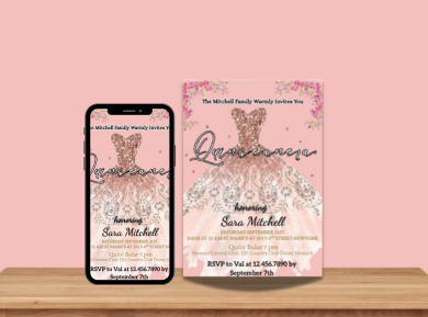 Glitter Dream Dress Quinceanera Theme Card Invitation - Sparkling Digital Party Card invite