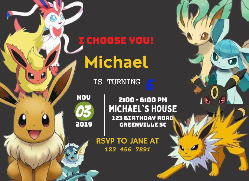 Eevee & Friends Birthday Card Invitation For Kids - Personalized Pokémon Digital Card Invitation