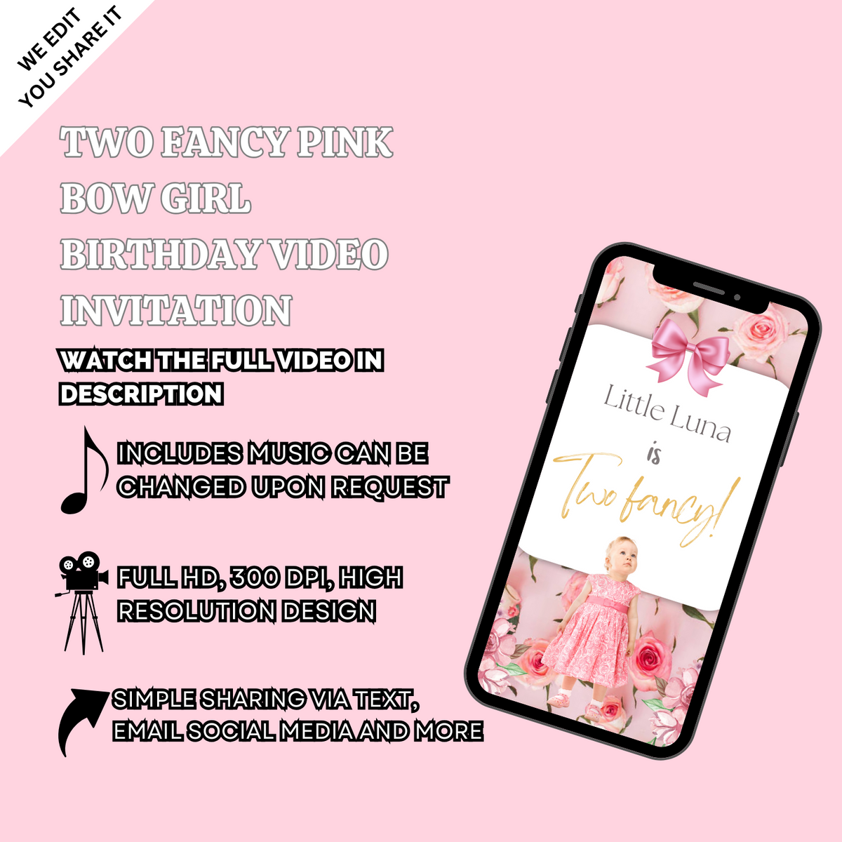 Pink Bow Girls Birthday Video Invitation For Kids - Two Fancy Digital Celebration Invite