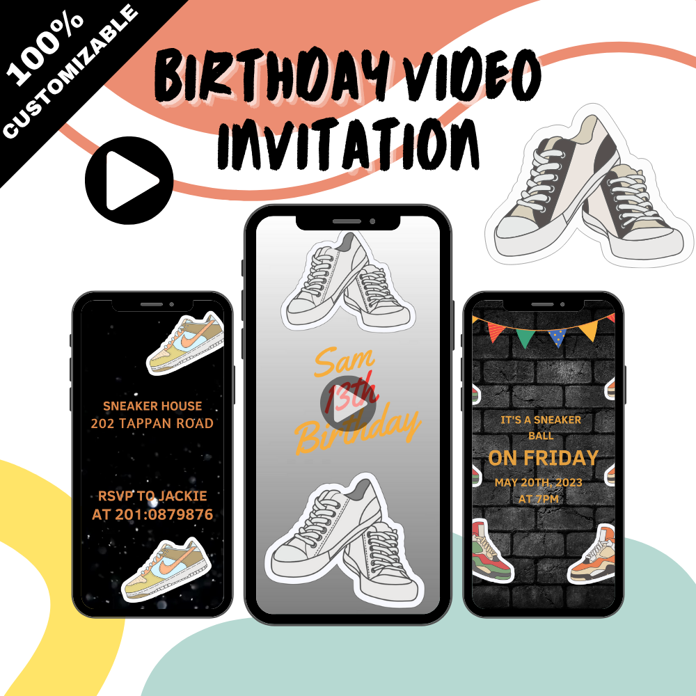 Multi Color Sneaker Ball Birthday Video Invitation - Sneaker Theme Birthday Party Video Invite