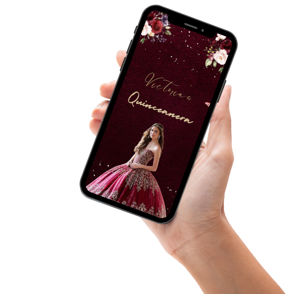 Burgundy Floral &amp; Gold Quinceañera Video Invitation - Burgundy Floral &amp; Gold Quinceañera Theme Digital Invite