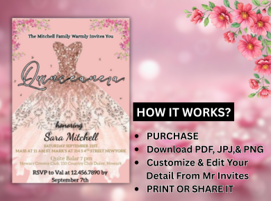 Glitter Dream Dress Quinceanera Theme Card Invitation - Sparkling Digital Party Card invite