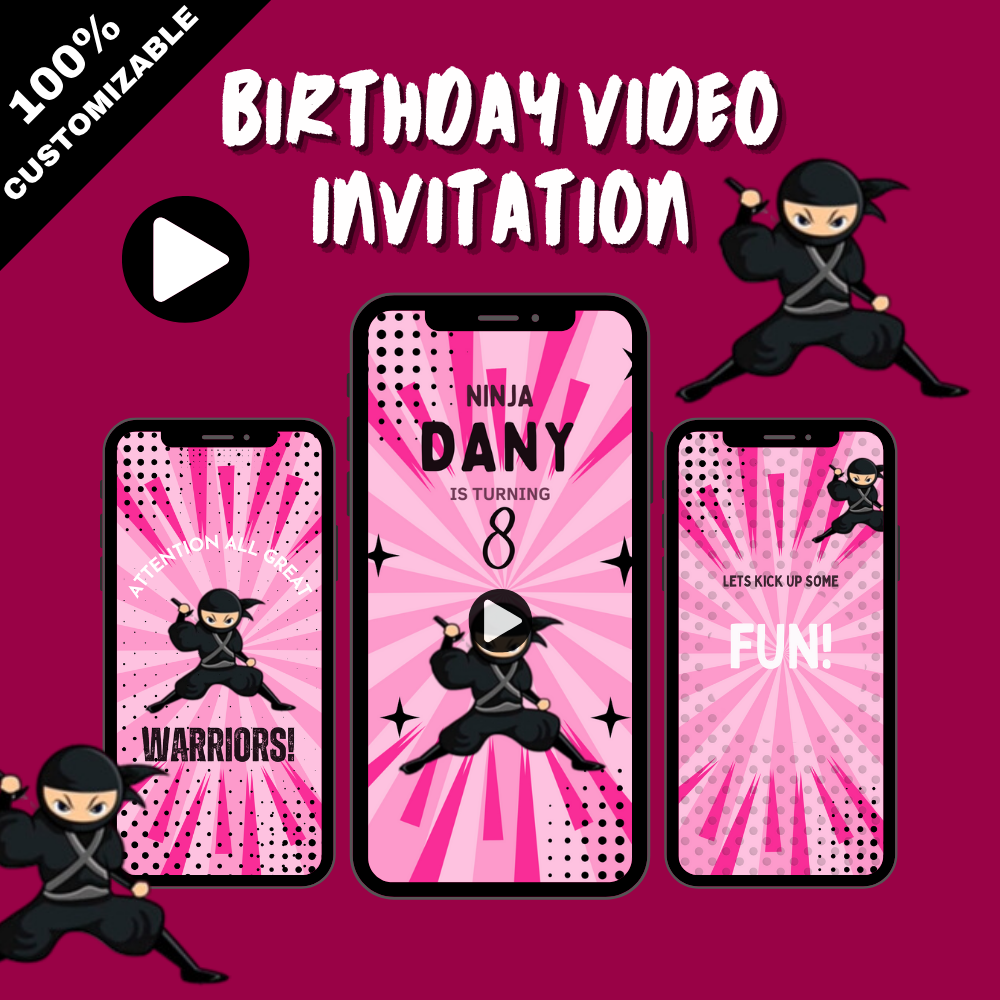 Pink-Themed Ninja Girl Birthday Digital Invitation – Animated Video Invite for Girls