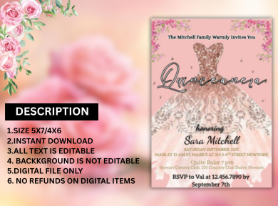 Glitter Dream Dress Quinceanera Theme Card Invitation - Sparkling Digital Party Card invite