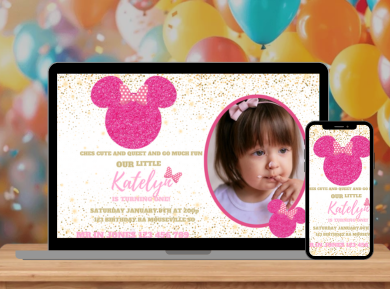 Sparkling Pink &amp; Gold Minnie Mouse Birthday Invitation - Custom Party Card Invitation