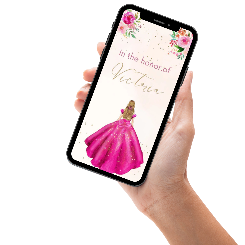 Hot Pink Floral Theme Quinceañera Party Video Invitation – Elegant Animated Digital Invite