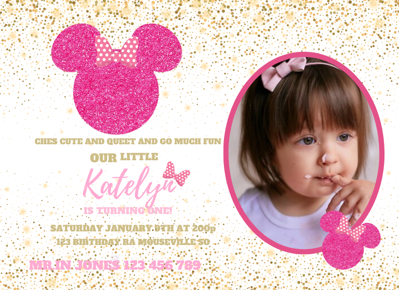 Sparkling Pink & Gold Minnie Mouse Birthday Invitation - Custom Party Card Invitation