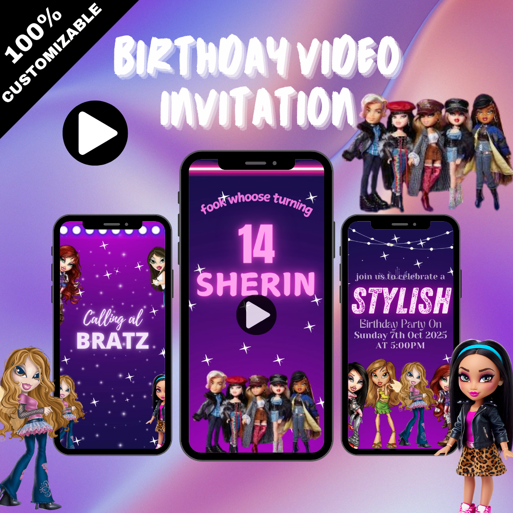 Bratz Birthday Theme Video Invitation – Bratz Girl Party Digital Invite for Stylish Kids