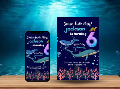 Shark Theme Digital Birthday Card Invitation - Customized Cute Shark Digital Invites