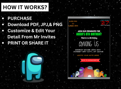 Among Us Kids  Birthday Party Invitation – Digital Party Card Invitation For Kids