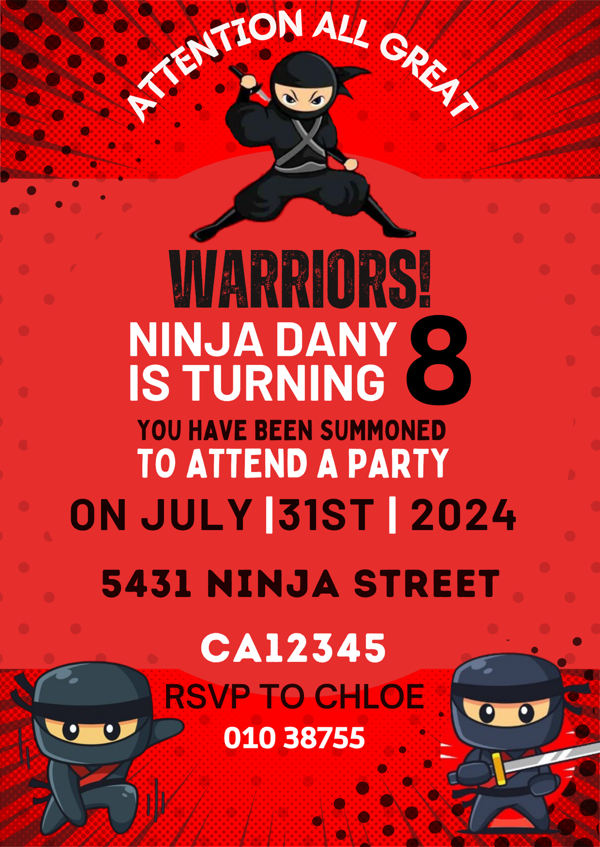 African American Ninja Boy Birthday Card Invitation - Custom Party Digital Invite