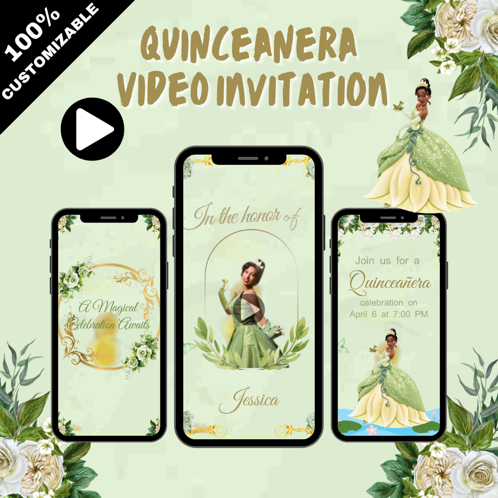 Princess Tiana Quinceañera Video Invitation in Mint Green - Celebrate Her Dream Day Digital Invite