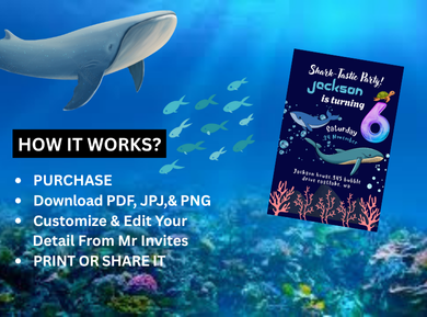 Shark Theme Digital Birthday Card Invitation - Customized Cute Shark Digital Invites