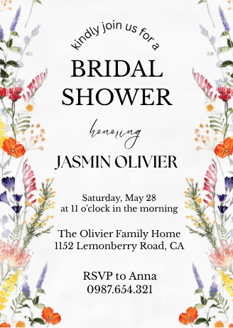Wildflowers Theme Bridal Shower Card Invitation - Custom Boho Floral Digital Invites