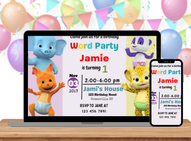 Word Party Birthday Card Invitation for Kids – Personalized Digital Card Invite for a Fun