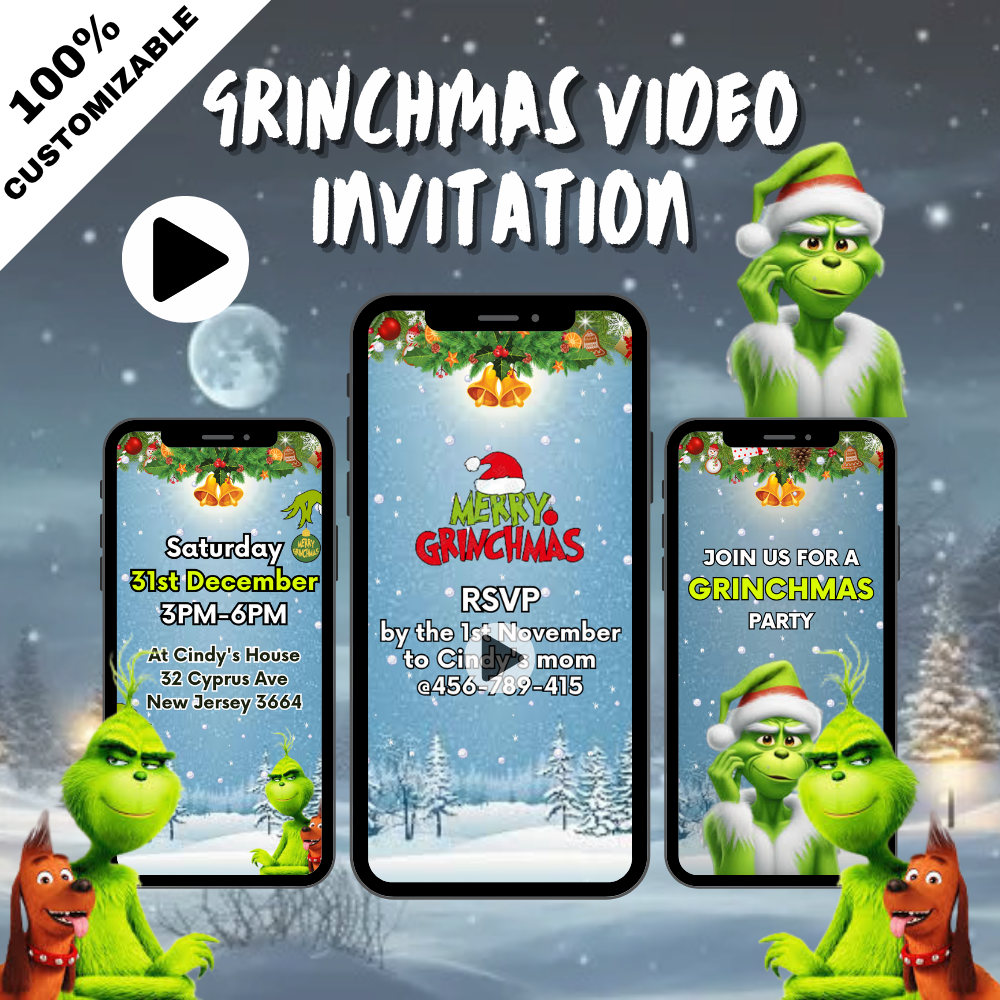 Merry Grinchmas Animated Video Invitation – Customizable Holiday Party Digital Invite