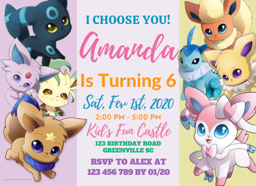 Adorable Chibi Eevee Birthday Invitation For Kids - Custom Pokémon Party Card Invitation