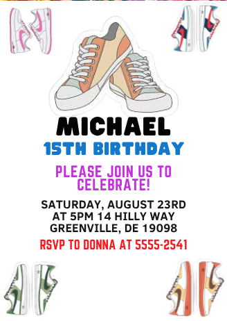Sneaker Ball Birthday Card Invitation - Custom Multicolor Digital Card Invite
