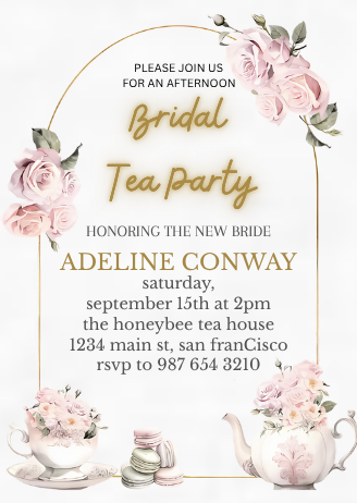 Rosy Tea Party Bridal Shower Card Invitation - Elegant Floral Digital Invite