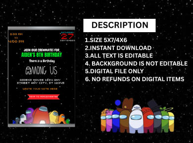 Among Us Kids  Birthday Party Invitation – Digital Party Card Invitation For Kids