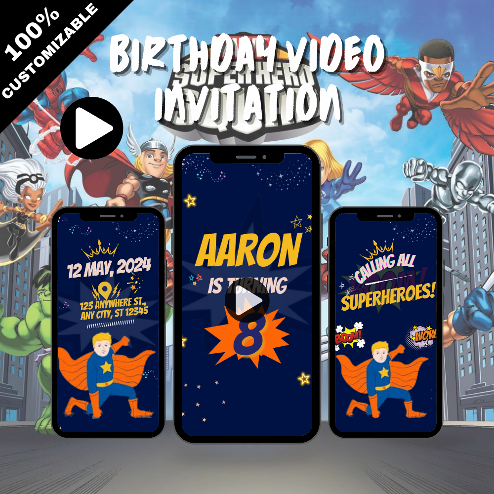 Animated Baby Superhero Birthday Video Invitation - Fun &amp; Action Party Digital Invite