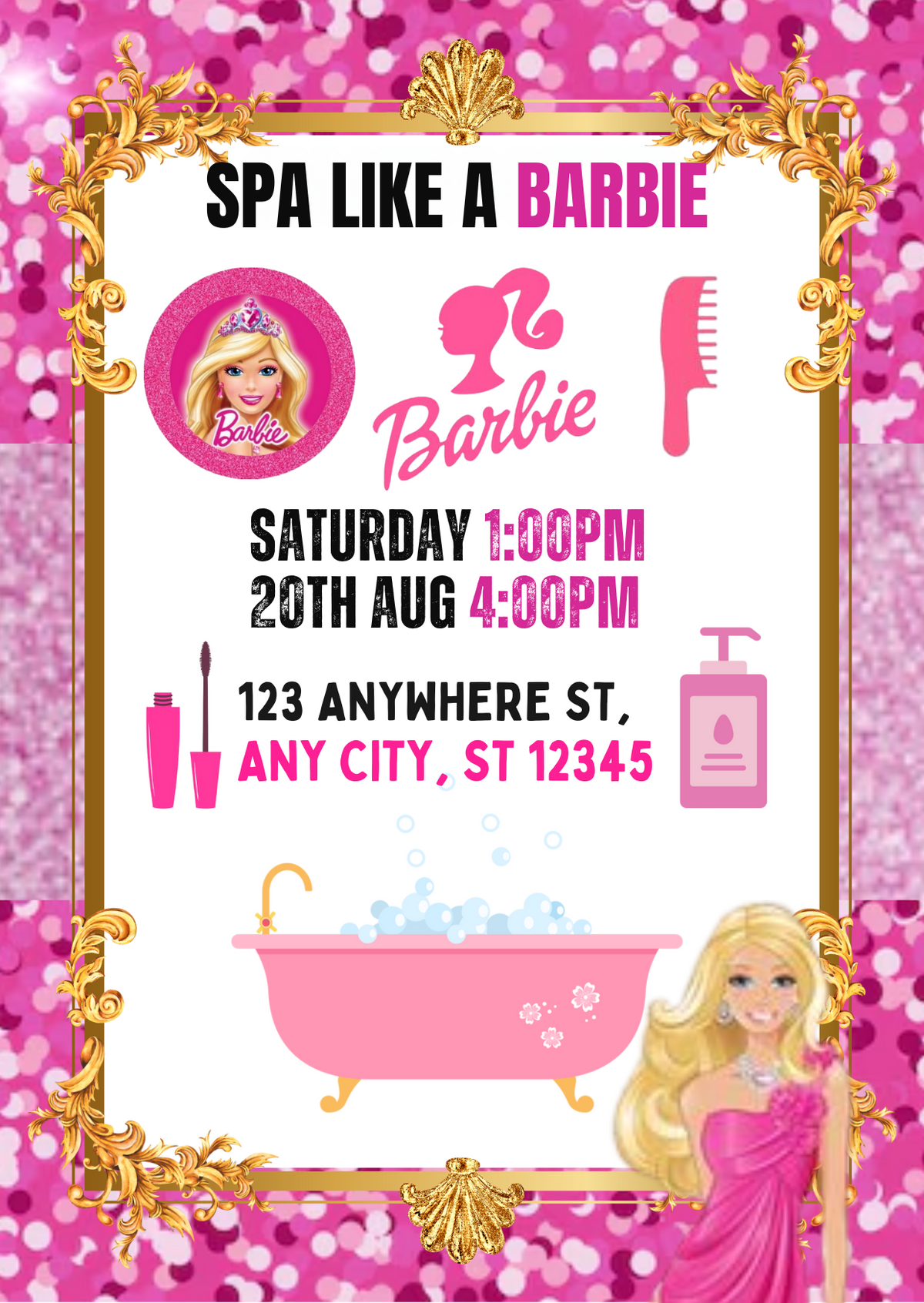 Barbie Spa Party Digital Invitation - Glamorous &amp; Custom Birthday Card Invitation