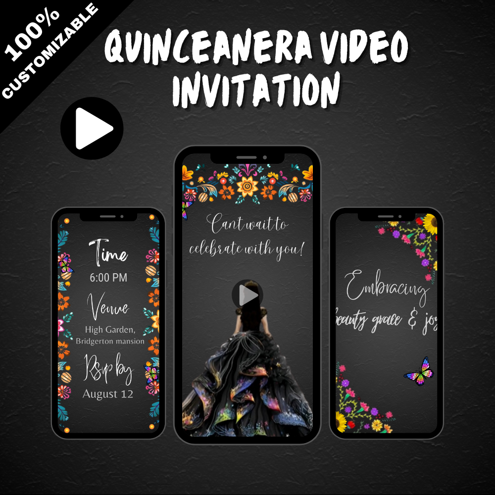 Mexican Fiesta Black Floral Quinceañera Video Invitation - Elegant Folk Art Digital Invite