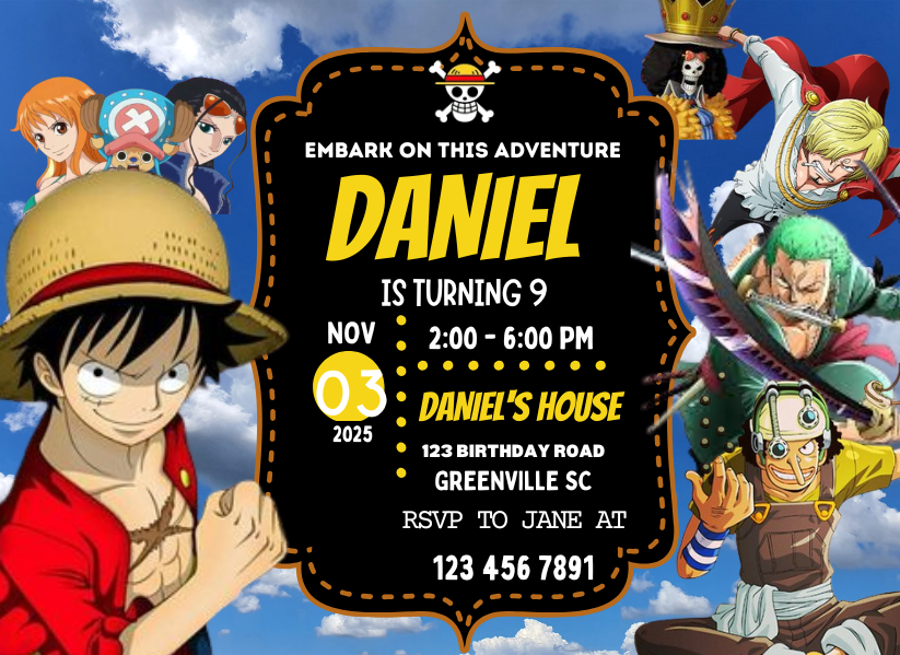 One Piece Themed Birthday Card Invitation - Custom Pirate Fun Card Invites For Kids