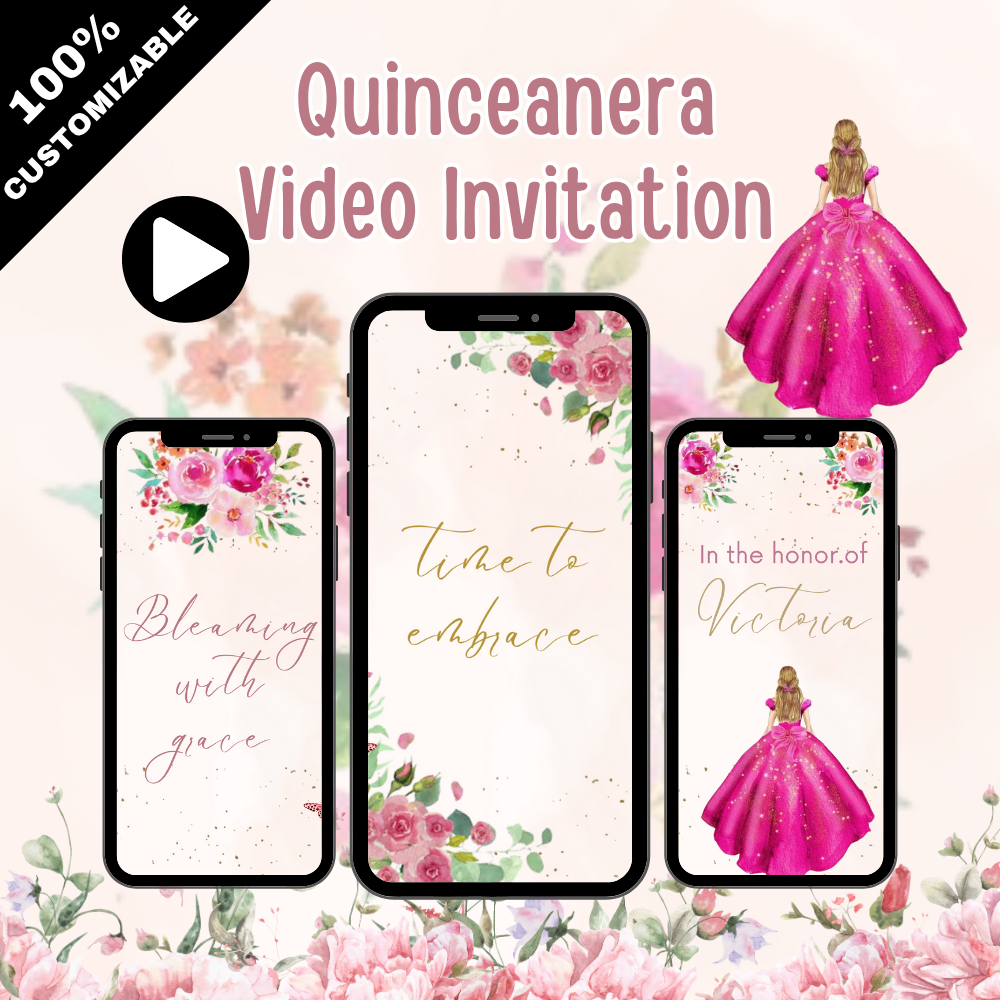 Hot Pink Floral Theme Quinceañera Party Video Invitation – Elegant Animated Digital Invite