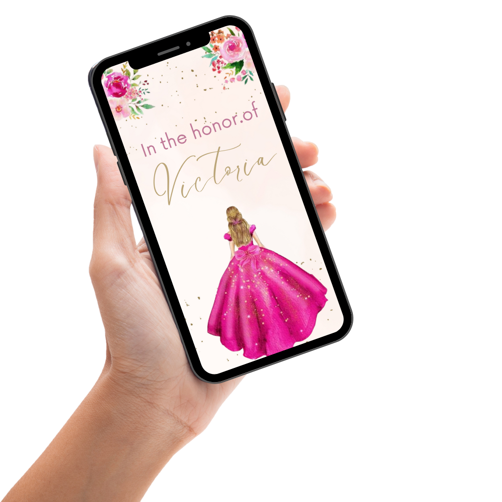 Hot Pink Floral Theme Quinceañera Party Video Invitation – Elegant Animated Digital Invite