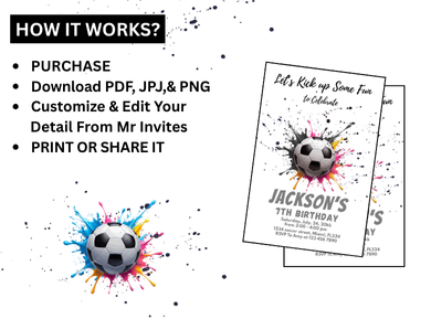 Soccer Theme Digital Birthday Card Invitation - Personalized Card Theme Digital Invites