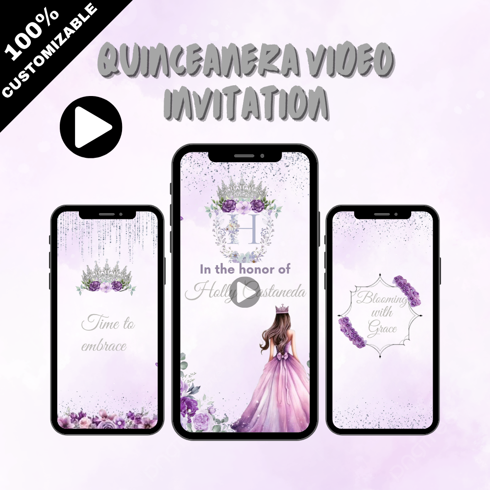 Lavender, White &amp; Silver Quinceañera Princess Video Invitation – Elegant Digital Party Invite