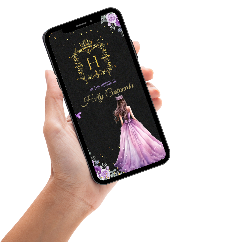 Lavender Princess Quinceañera Video Invitation – Black, Purple &amp; Gold Theme Digital Invite