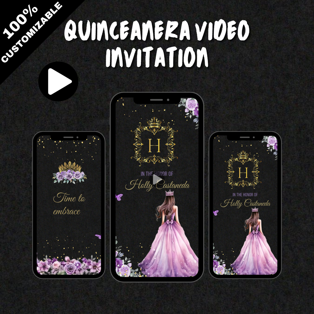 Lavender Princess Quinceañera Video Invitation – Black, Purple &amp; Gold Theme Digital Invite