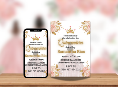 Pink &amp; Gold Floral Princess Quinceanera Card Invitation - Elegant Royal Digital Card invite