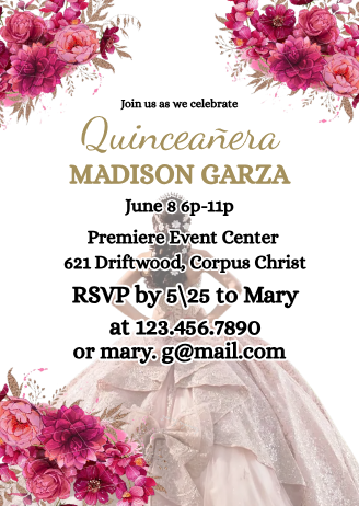 Vintage Pink & Gold Roses Quinceanera Party Card Invitation - Elegant Floral Party Digital invite