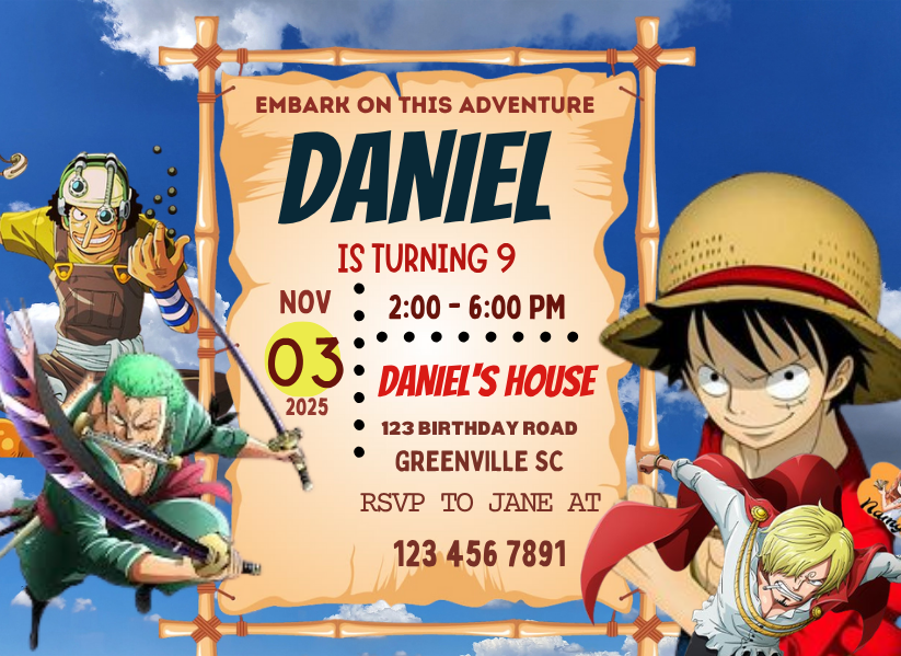 Sail into Fun One Piece Digital Birthday Card Invitation - Custom Pirate Party Digital Invite