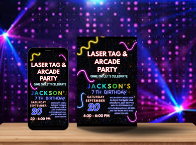 Laser Tag Arcade Card Birthday Party Invitation - customizable theme card invite
