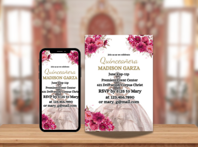 Vintage Pink &amp; Gold Roses Quinceanera Party Card Invitation - Elegant Floral Party Digital invite