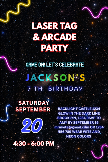 Laser Tag Arcade Card Birthday Party Invitation - customizable theme card invite