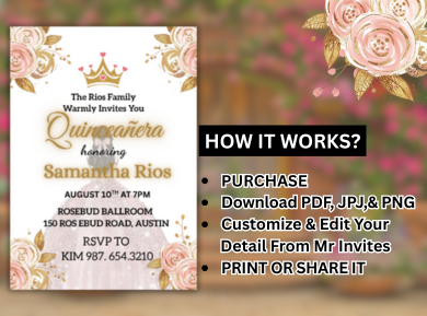 Pink &amp; Gold Floral Princess Quinceanera Card Invitation - Elegant Royal Digital Card invite
