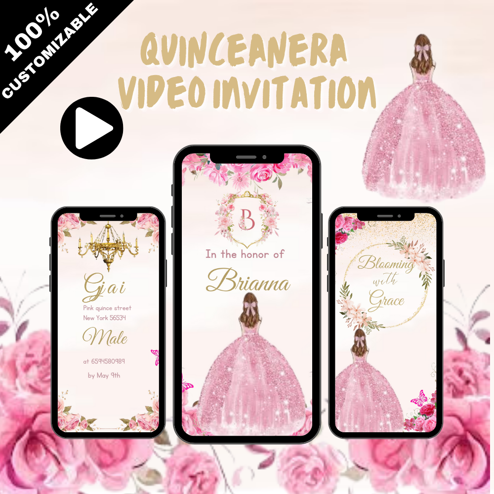 Pastel Pink &amp; Gold Quinceanera Video Invitation - Elegant Theme Party Digital Invite